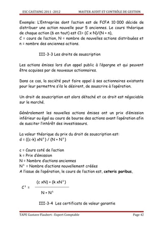 ESC CASTAING 2011 -2012              MASTER AUDIT ET CONTRÔLE DE GESTION


Exemple: L’Entreprise dont l’action est de FCFA 10 000 décide de
distribuer une action nouvelle pour 5 anciennes. Le cours théorique
de chaque action (6 en tout) est C1= (C x N)/(N + n),
C = cours de l’action, N = nombre de nouvelles actions distribuées et
n = nombre des anciennes actions.

            III-3-3 Les droits de souscription

Les actions émises lors d’un appel public à l’épargne et qui peuvent
être acquises par de nouveaux actionnaires.

Dans ce cas, la société peut faire appel à ses actionnaires existants
pour leur permettre s’ils le désirent, de souscrire à l’opération.

Un droit de souscription est alors détaché et ce droit est négociable
sur le marché.

Généralement les nouvelles actions émises ont un prix d’émission
inférieur ou égal au cours de bourse des actions avant l’opération afin
de susciter l’intérêt des investisseurs.

La valeur théorique du prix du droit de souscription est:
d = ((c-k) xN¹) / (N + N¹)

c = Cours coté de l’action
k = Prix d’émission
N = Nombre d’actions anciennes
N¹ = Nombre d’actions nouvellement créées
A l’issue de l’opération, le cours de l’action est, ceteris paribus,

           (c xN) + (k xN¹)
 C¹ =
              N + N¹

            III-3-4 Les certificats de valeur garantie

TAPE Gustave Flaubert : Expert Comptable                               Page 42
 