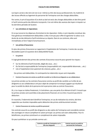 FISCALITE DES ENTREPRISES
Les loyers versés à des tiers (et non à soi- même) au titre des locaux professionnels. Du matériel et
des locaux affectés au logement du personnel de l’entreprise sont des charges déductibles.
Par contre, le prix d’acquisition d’un droit au bail est exclu des charges déductibles et doit être porté
à l’actif comme partie des éléments incorporels. Il en est même des avances des loyers à imputer sur
les dernières périodes de location.
 Les entretiens et réparations
En ce qui concerne les dépenses d’entretient et de réparation. Celles-ci sont réputées constituer des
frais généraux immédiatement déductibles si elles n’ont pas pour effet d’augmenter la valeur ou la
durée de vie des éléments d’actif entretenue ou réparés. Dans le cas contraire, elles sont
immobilisées et font l’objet d’amortissement.
 Les primes d’assurance
En plus des primes d’assurance se rapportant à l’exploitation de l’entreprise. Il existe des cas plus
discutables quant à la question de la déductibilité fiscale.


Cas général

Il s’agit généralement des primes des contrats d’assurance souscrits pour garantir les risques :
 Sur les éléments d’actif (incendie, dégât des eaux….etc.)
 Du fait de la responsabilité de l’entreprise (responsabilité civil, responsabilité décennale…..etc.)
 Liés à l’exploitation (non-paiement de créances, grève….etc.)
Ces primes sont déductibles. En contrepartie les indemnités reçues sont imposable.


Contrats d’assurance vie conclus au profit de la société sur la tête de ses dirigeants ou ses collaborateurs

Les primes versées sur les contrats d’assurance conclus au profit des sociétés sur la tête de ses
dirigeants ou ses collaborateurs ont pour objet de compenser le manque à gagner qui résulterait
pour la société du décès de la personne de la personne visée au contrat d’assurance.
Or, si ce risque se réalise finalement, il n’entraînera pas une perte d’un élément d’actif. Il ressort que
les primes versées sont assimilées à des placements financiers et à ce titre n’ouvrent pas droit à
déduction.
En revanche, l’indemnité dont bénéficie l’entreprise, en cas de réalisation du sinistre, doit être
rapportée aux résultats imposables après déduction des primes antérieurement versées.


Contrat d’assurance vie conclus au profit du personnel

Ces contrats souscrits au profit des dirigeants ou des cadres de l’entreprise sont considérés comme
des avantages en nature complétant le salaire principal. Les primes sont alors déductibles. Pour le
bénéficiaire, ces primes constituent un complément de salaire imposable.
On peut synthétiser ce qui précède comme suit :
Contrat au profit de l’entreprise sur la
tête des dirigeants

28

Contrat souscrit au profit du
personnel de l’entreprise

M.ACHRIT

 