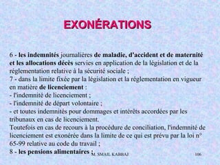M. SMAIL KABBAJ 106
6 - les indemnités journalières de maladie, d'accident et de maternité
et les allocations décès servies en application de la législation et de la
réglementation relative à la sécurité sociale ;
7 - dans la limite fixée par la législation et la réglementation en vigueur
en matière de licenciement :
- l'indemnité de licenciement ;
- l'indemnité de départ volontaire ;
- et toutes indemnités pour dommages et intérêts accordées par les
tribunaux en cas de licenciement.
Toutefois en cas de recours à la procédure de conciliation, l'indemnité de
licenciement est exonérée dans la limite de ce qui est prévu par la loi n°
65-99 relative au code du travail ;
8 - les pensions alimentaires ;
EXONÉRATIONSEXONÉRATIONS
 