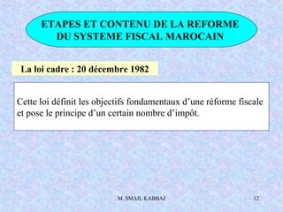 M. SMAIL KABBAJ 12
ETAPES ET CONTENU DE LA REFORME
DU SYSTEME FISCAL MAROCAIN
La loi cadre : 20 décembre 1982
Cette loi définit les objectifs fondamentaux d’une réforme fiscale
et pose le principe d’un certain nombre d’impôt.
 