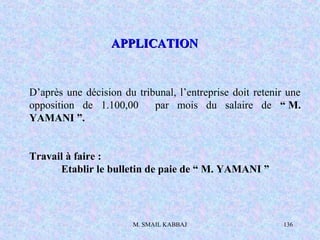 M. SMAIL KABBAJ 136
D’après une décision du tribunal, l’entreprise doit retenir une
opposition de 1.100,00 par mois du salaire de “ M.
YAMANI ”.
Travail à faire :
Etablir le bulletin de paie de “ M. YAMANI ”
APPLICATIONAPPLICATION
 