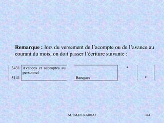 M. SMAIL KABBAJ 144
Remarque : lors du versement de l’acompte ou de l’avance au
courant du mois, on doit passer l’écriture suivante :
3431 Avances et acomptes au
personnel
*
5141 Banques *
 