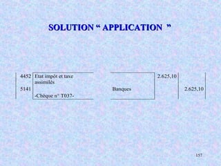 157
SOLUTION “ APPLICATION ”SOLUTION “ APPLICATION ”
4452 Etat impôt et taxe
assimilés
2.625,10
5141 Banques 2.625,10
-Chèque n° T037-
 