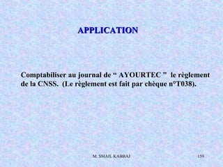 M. SMAIL KABBAJ 159
Comptabiliser au journal de “ AYOURTEC ” le règlement
de la CNSS. (Le règlement est fait par chèque n°T038).
APPLICATIONAPPLICATION
 