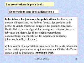 M. SMAIL KABBAJ 32
b) les tabacs, les journaux, les publications, les livres, les
travaux d'impression, les timbres fiscaux, les produits de la
pêche, la viande fraîche ou congelée, les produits forestiers,
l'huile d'olive, le vin végétal, les ouvrages en métaux précieux
fabriqués au Maroc, les films cinématographiques
documentaires ou éducatifs et les substances minérales
(charbon, houille, coke, etc.).
c) Les ventes et les prestations réalisées par les petits fabricants
et les petits prestataires et qui réalisent un Chiffre d'affaires
annuel égal ou inférieur à 180.000,00 DHS.
Les exonérations de plein droit :
Exonérations sans droit à déduction :
 