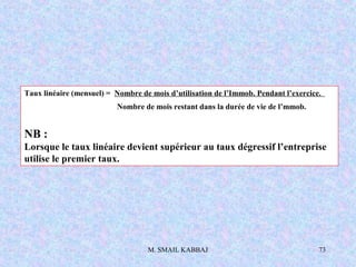 M. SMAIL KABBAJ 73
Taux linéaire (mensuel) = Nombre de mois d’utilisation de l’Immob. Pendant l’exercice.
Nombre de mois restant dans la durée de vie de l’mmob.
NB :
Lorsque le taux linéaire devient supérieur au taux dégressif l’entreprise
utilise le premier taux.
 