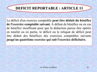 M. SMAIL KABBAJ 83
Le déficit d'un exercice comptable peut être déduit du bénéfice
de l'exercice comptable suivant. A défaut de bénéfice ou en cas
de bénéfice insuffisant pour que la déduction puisse être opérée
en totalité ou en partie, le déficit ou le reliquat de déficit peut
être déduit des bénéfices des exercices comptables suivants
jusqu'au quatrième exercice qui suit l'exercice déficitaire.
DEFICIT REPORTABLE : ARTICLE 11DEFICIT REPORTABLE : ARTICLE 11
 