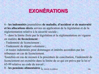 M. SMAIL KABBAJ 106
6 - les indemnités journalières de maladie, d'accident et de maternité
et les allocations décès servies en application de la législation et de la
réglementation relative à la sécurité sociale ;
7 - dans la limite fixée par la législation et la réglementation en vigueur
en matière de licenciement :
- l'indemnité de licenciement ;
- l'indemnité de départ volontaire ;
- et toutes indemnités pour dommages et intérêts accordées par les
tribunaux en cas de licenciement.
Toutefois en cas de recours à la procédure de conciliation, l'indemnité de
licenciement est exonérée dans la limite de ce qui est prévu par la loi n°
65-99 relative au code du travail ;
8 - les pensions alimentaires ;
EXONÉRATIONS
 
