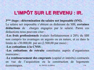 M. SMAIL KABBAJ 114
L’IMPÔT SUR LE REVENU : IR.
3ème étape : détermination du salaire net imposable (SNI).
Le salaire net imposable s’obtient en déduisant du SBI, certaines
déductions de charges engagées par le salarié. Parmi ces
déductions nous pouvons citer :
-Les frais professionnels évalués forfaitairement à 20% du SBI
non compris les avantages en argents ou en nature, et ce dans la
limite de «30.000,00 par an (2.500,00 par mois) ;
-Les cotisations à la CNSS ;
-Les cotisations de retraite constituées auprès d’organismes
marocains ;
-Le remboursement des emprunts (capital et intérêts) contractés
en vue de l’acquisition ou la construction de logements
économiques.
 