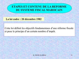 M. SMAIL KABBAJ 12
ETAPES ET CONTENU DE LA REFORME
DU SYSTEME FISCAL MAROCAIN
La loi cadre : 20 décembre 1982
Cette loi définit les objectifs fondamentaux d’une réforme fiscale
et pose le principe d’un certain nombre d’impôt.
 