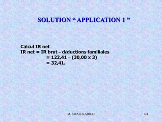 M. SMAIL KABBAJ 124
Calcul IR net
IR net = IR brut – déductions familiales
= 122,41 – (30,00 x 3)
= 32,41.
SOLUTION “ APPLICATION 1 ”
 