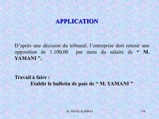 M. SMAIL KABBAJ 136
D’après une décision du tribunal, l’entreprise doit retenir une
opposition de 1.100,00 par mois du salaire de “ M.
YAMANI ”.
Travail à faire :
Etablir le bulletin de paie de “ M. YAMANI ”
APPLICATION
 