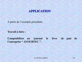 M. SMAIL KABBAJ 142
A partir de l’exemple précédent,
Travail à faire :
Comptabiliser au journal le livre de paie de
l’entreprise “ AYOURTEC ”.
APPLICATION
 