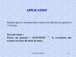 M. SMAIL KABBAJ 145
Sachant que le versement des avances est effectué en espèces le
15 février,
Travail à faire :
Passer au journal “ AYOURTEC ” le versement des
avances au titre du mois de mars,
APPLICATION
 