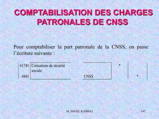 M. SMAIL KABBAJ 147
Pour comptabiliser la part patronale de la CNSS, on passe
l’écriture suivante :
COMPTABILISATION DES CHARGES
PATRONALES DE CNSS
61741 Cotisations de sécurité
sociale
*
4441 CNSS *
 