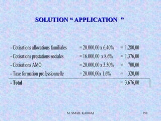 M. SMAIL KABBAJ 150
SOLUTION “ APPLICATION ”
- Cotisations allocations familiales = 20.000,00 x 6,40% = 1.280,00
- Cotisations prestations sociales = 16.000,00 x 8,6% = 1.376,00
- Cotisations AMO = 20.000,00 x 3.50% = 700,00
- Taxe formation professionnelle = 20.000,00x 1,6% = 320,00
- Total = 3.676,00
 