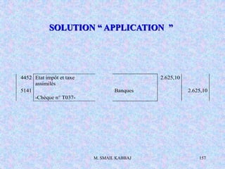 M. SMAIL KABBAJ 157
SOLUTION “ APPLICATION ”
4452 Etat impôt et taxe
assimilés
2.625,10
5141 Banques 2.625,10
-Chèque n° T037-
 