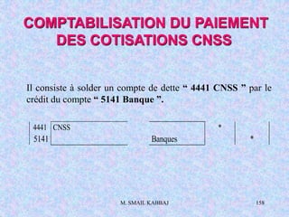 M. SMAIL KABBAJ 158
Il consiste à solder un compte de dette “ 4441 CNSS ” par le
crédit du compte “ 5141 Banque ”.
COMPTABILISATION DU PAIEMENT
DES COTISATIONS CNSS
4441 CNSS *
5141 Banques *
 
