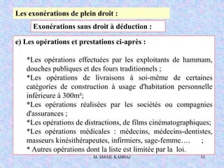 M. SMAIL KABBAJ 33
e) Les opérations et prestations ci-après :
*Les opérations effectuées par les exploitants de hammam,
douches publiques et des fours traditionnels ;
*Les opérations de livraisons à soi-même de certaines
catégories de construction à usage d'habitation personnelle
inférieure à 300m²;
*Les opérations réalisées par les sociétés ou compagnies
d'assurances ;
*Les opérations de distractions, de films cinématographiques;
*Les opérations médicales : médecins, médecins-dentistes,
masseurs kinésithérapeutes, infirmiers, sage-femme…. ;
* Autres opérations dont la liste est limitée par la loi.
Les exonérations de plein droit :
Exonérations sans droit à déduction :
 