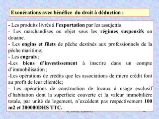 M. SMAIL KABBAJ 34
Exonérations avec bénéfice du droit à déduction :
- Les produits livrés à l'exportation par les assujettis
- Les marchandises ou objet sous les régimes suspensifs en
douane.
- Les engins et filets de pêche destinés aux professionnels de la
pêche maritime;
- Les engrais ;
-Les biens d’investissement à inscrire dans un compte
d’immobilisation ;
-Les opérations de crédits que les associations de micro crédit font
au profit de leur clientèle;
- Les opérations de construction de locaux à usage exclusif
d’habitation dont la superficie couverte et la valeur immobilière
totale, par unité de logement, n’excèdent pas respectivement 100
m2 et 200000DHS TTC.
 