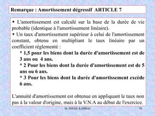 M. SMAIL KABBAJ 70
 L'amortissement est calculé sur la base de la durée de vie
probable (identique à l'amortissement linéaire).
 Un taux d'amortissement supérieur à celui de l'amortissement
constant, obtenu en multipliant le taux linéaire par un
coefficient réglementé :
* 1,5 pour les biens dont la durée d'amortissement est de
3 ans ou 4 ans.
* 2 Pour les biens dont la durée d'amortissement est de 5
ans ou 6 ans.
* 3 Pour les biens dont la durée d'amortissement excède
6 ans.
L'annuité d'amortissement est obtenue en appliquant le taux non
pas à la valeur d'origine, mais à la V.N.A au début de l'exercice.
Remarque : Amortissement dégressif ARTICLE 7
 