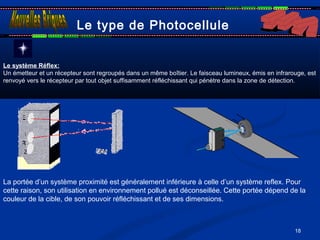 18
Le type de Photocellule
Le système Réflex:
Un émetteur et un récepteur sont regroupés dans un même boîtier. Le faisceau lumineux, émis en infrarouge, est
renvoyé vers le récepteur par tout objet suffisamment réfléchissant qui pénètre dans la zone de détection.
La portée d’un système proximité est généralement inférieure à celle d’un système reflex. Pour
cette raison, son utilisation en environnement pollué est déconseillée. Cette portée dépend de la
couleur de la cible, de son pouvoir réfléchissant et de ses dimensions.
 