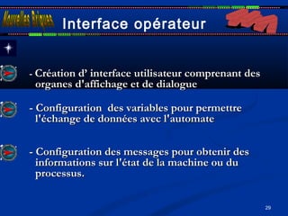 29
-- Création d’ interface utilisateur comprenant desCréation d’ interface utilisateur comprenant des
organes d'affichage et de dialogueorganes d'affichage et de dialogue
- Configuration des variables pour permettre- Configuration des variables pour permettre
l'échange de données avec l'automatel'échange de données avec l'automate
- Configuration des messages pour obtenir des- Configuration des messages pour obtenir des
informations sur l'état de la machine ou duinformations sur l'état de la machine ou du
processus.processus.
Interface opérateur
 