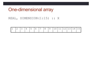 One-dimensional array
REAL, DIMENSION(1:15) :: X
1 2 3 4 5 6 7 8 9 10 11 12 13 14 15
 