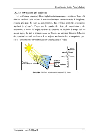 Cours Energie Solaire Photovoltaïque
Enseignante : Mme S.BELAID 11
I.4.3. Les systèmes connectés au réseau :
Les systèmes de production d’énergie photovoltaïque connectés à un réseau (figure I.6)
sont une résultante de la tendance à la décentralisation du réseau électrique. L’énergie est
produite plus prés des lieux de consommation. Les systèmes connectés à un réseau
réduisent la nécessitée d’augmenter la capacité des lignes de transmission et de
distribution. Il produit sa propre électricité et achemine son excédent d’énergie vers le
réseau, auprès du quel il s’approvisionne au besoin, ces transferts éliminent le besoin
d’acheter et d’entretenir une batterie. Il est toujours possible d’utiliser ceux systèmes pour
servir d’alimentation d’appoint lorsque survient une panne de réseau.
Figure I.6 : Systèmes photovoltaïque connectés au réseau
 