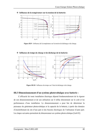 Cours Energie Solaire Photovoltaïque
Enseignante : Mme S.BELAID 40
 Influence de la température sur la tension de la batterie:
Figure III.9 : Influence de la température sur la tension de décharge et de charge.
 Influence de temps de charge et de décharge de la batterie:
Figure III.10 : Influence du temps sur l’état de décharge et de charge.
III.3 Dimensionnement d’un système photovoltaïque avec batterie :
L’efficacité de toute installation électrique dépend fondamentalement de la rigueur
de son dimensionnement et de son utilisation car il influe directement sur le coût et les
performances d’une installation. Le dimensionnement a pour but de déterminer la
puissance du générateur photovoltaïque et la capacité de la batterie, à partir des données
d’ensoleillement du site d’une part et des besoins électriques de l’utilisateur d’autre part.
Les étapes suivantes permettent de dimensionner un système photovoltaïque [Lab 03]:
 