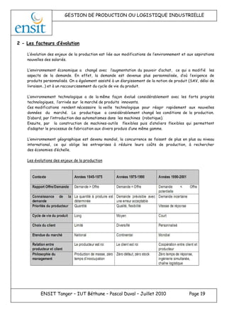 GESTION DE PRODUCTION OU LOGISTIQUE INDUSTRIELLE
ENSIT Tanger – IUT Béthune – Pascal Duval – Juillet 2010 Page 19
2 - Les facteurs d’évolution
L’évolution des enjeux de la production est liée aux modifications de l’environnement et aux aspirations
nouvelles des salariés.
L’environnement économique a changé avec l’augmentation du pouvoir d’achat, ce qui a modifié les
aspects de la demande. En effet, la demande est devenue plus personnalisée, d’où l’exigence de
produits personnalisés. On a également assisté à un élargissement de la notion de produit (SAV, délai de
livraison…) et à un raccourcissement du cycle de vie du produit.
L’environnement technologique a de la même façon évolué considérablement avec les forts progrès
technologiques, l’arrivée sur le marché de produits innovants.
Ces modifications rendent nécessaire la veille technologique pour réagir rapidement aux nouvelles
données du marché. La productique a considérablement changé les conditions de la production.
D’abord, par l’introduction des automatismes dans les machines (robotique).
Ensuite, par la construction de machines-outils flexibles puis d’ateliers flexibles qui permettent
d’adapter le processus de fabrication aux divers produis d’une même gamme.
L’environnement géographique est devenu mondial, la concurrence se faisant de plus en plus au niveau
international, ce qui oblige les entreprises à réduire leurs coûts de production, à rechercher
des économies d’échelle.
Les évolutions des enjeux de la production
 