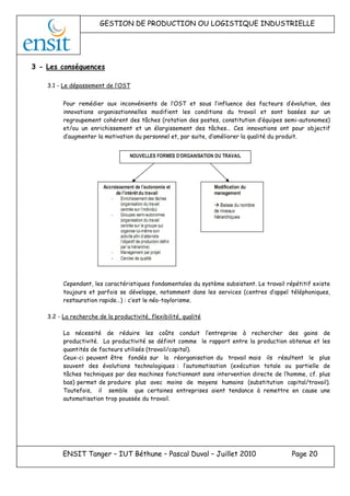 GESTION DE PRODUCTION OU LOGISTIQUE INDUSTRIELLE
ENSIT Tanger – IUT Béthune – Pascal Duval – Juillet 2010 Page 20
3 - Les conséquences
3.1 - Le dépassement de l’OST
Pour remédier aux inconvénients de l’OST et sous l’influence des facteurs d’évolution, des
innovations organisationnelles modifient les conditions du travail et sont basées sur un
regroupement cohérent des tâches (rotation des postes, constitution d’équipes semi-autonomes)
et/ou un enrichissement et un élargissement des tâches… Ces innovations ont pour objectif
d’augmenter la motivation du personnel et, par suite, d’améliorer la qualité du produit.
Cependant, les caractéristiques fondamentales du système subsistent. Le travail répétitif existe
toujours et parfois se développe, notamment dans les services (centres d’appel téléphoniques,
restauration rapide…) : c’est le néo-taylorisme.
3.2 - La recherche de la productivité, flexibilité, qualité
La nécessité de réduire les coûts conduit l’entreprise à rechercher des gains de
productivité. La productivité se définit comme le rapport entre la production obtenue et les
quantités de facteurs utilisés (travail/capital).
Ceux-ci peuvent être fondés sur la réorganisation du travail mais ils résultent le plus
souvent des évolutions technologiques : l’automatisation (exécution totale ou partielle de
tâches techniques par des machines fonctionnant sans intervention directe de l’homme, cf. plus
bas) permet de produire plus avec moins de moyens humains (substitution capital/travail).
Toutefois, il semble que certaines entreprises aient tendance à remettre en cause une
automatisation trop poussée du travail.
 