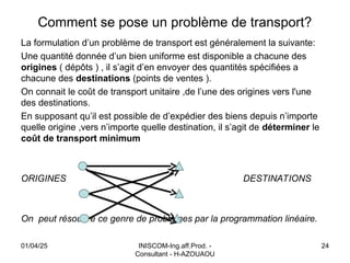 Comment se pose un problème de transport?
La formulation d’un problème de transport est généralement la suivante:
Une quantité donnée d’un bien uniforme est disponible a chacune des
origines ( dépôts ) , il s’agit d’en envoyer des quantités spécifiées a
chacune des destinations (points de ventes ).
On connait le coût de transport unitaire ,de l’une des origines vers l'une
des destinations.
En supposant qu’il est possible de d’expédier des biens depuis n’importe
quelle origine ,vers n’importe quelle destination, il s’agit de déterminer le
coût de transport minimum
ORIGINES DESTINATIONS
On peut résoudre ce genre de problèmes par la programmation linéaire.
01/04/25 INISCOM-Ing.aff.Prod. -
Consultant - H-AZOUAOU
24
 