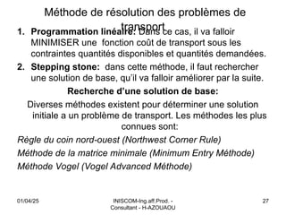 Méthode de résolution des problèmes de
transport
1. Programmation linéaire: Dans ce cas, il va falloir
MINIMISER une fonction coût de transport sous les
contraintes quantités disponibles et quantités demandées.
2. Stepping stone: dans cette méthode, il faut rechercher
une solution de base, qu’il va falloir améliorer par la suite.
Recherche d’une solution de base:
Diverses méthodes existent pour déterminer une solution
initiale a un problème de transport. Les méthodes les plus
connues sont:
Règle du coin nord-ouest (Northwest Corner Rule)
Méthode de la matrice minimale (Minimum Entry Méthode)
Méthode Vogel (Vogel Advanced Méthode)
01/04/25 INISCOM-Ing.aff.Prod. -
Consultant - H-AZOUAOU
27
 