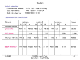 INISCOM-Ing.aff.Prod. -
Consultant - H-AZOUAOU
40
Solution:
Calculs préalables:
-Quantité totale achetée: 1000 + 1500 + 1000 = 3500 kg
-Coût indirect total: 7000 + 3500 = 10 500 DA
-Coût indirect par kg 10 500 / 3500 = 3 DA
Détermination des coûts d’achat:
Éléments matière A matière B fournitures totaux
Q PU M Q PU M Q PU M
Charges directes
-prix d’achat 1000 15 15 000 1500 12,5 18 750 1000 2,5 2500 36 250
-M.O directe 1250 1350 1050 3 650
-Charges indirectes 1000 3 3000 1500 3 4500 1000 3 3000 10 500
COUT D’ACHAT 1000 19,50 19 250 1500 16,4 24 600 1000 6,55 6 550 50 400
01/04/25
 