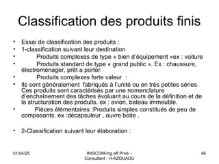 INISCOM-Ing.aff.Prod. -
Consultant - H-AZOUAOU
46
Classification des produits finis
• Essai de classification des produits :
• 1-classification suivant leur destination
• Produits complexes de type « bien d’équipement »ex : voiture
• Produits standard de type « grand public ». Ex : chaussure,
électroménager, prêt a porter.
• Produits complexes forte valeur :
• Ils sont généralement fabriqués à l’unité ou en très petites séries.
Ces produits sont caractérisés par une nomenclature
d’enchaînement des tâches évoluant au cours de la définition et de
la structuration des produits. ex : avion, bateau immeuble.
• Pièces élémentaires :Produits simples constitués de peu de
composants. ex :décapsuleur , ouvre boite .
• 2-Classification suivant leur élaboration :
01/04/25
 