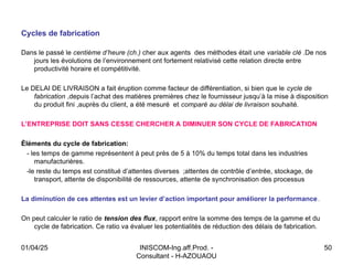 INISCOM-Ing.aff.Prod. -
Consultant - H-AZOUAOU
50
Cycles de fabrication
Dans le passé le centième d’heure (ch.) cher aux agents des méthodes était une variable clé .De nos
jours les évolutions de l’environnement ont fortement relativisé cette relation directe entre
productivité horaire et compétitivité.
Le DELAI DE LIVRAISON a fait éruption comme facteur de différentiation, si bien que le cycle de
fabrication ,depuis l’achat des matières premières chez le fournisseur jusqu’à la mise à disposition
du produit fini ,auprès du client, a été mesuré et comparé au délai de livraison souhaité.
L’ENTREPRISE DOIT SANS CESSE CHERCHER A DIMINUER SON CYCLE DE FABRICATION
Éléments du cycle de fabrication:
- les temps de gamme représentent à peut près de 5 à 10% du temps total dans les industries
manufacturières.
-le reste du temps est constitué d’attentes diverses ;attentes de contrôle d’entrée, stockage, de
transport, attente de disponibilité de ressources, attente de synchronisation des processus
La diminution de ces attentes est un levier d’action important pour améliorer la performance.
On peut calculer le ratio de tension des flux, rapport entre la somme des temps de la gamme et du
cycle de fabrication. Ce ratio va évaluer les potentialités de réduction des délais de fabrication.
01/04/25
 