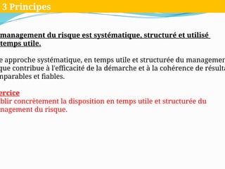 management du risque est systématique, structuré et utilisé
temps utile.
e approche systématique, en temps utile et structurée du managemen
que contribue à l'efficacité de la démarche et à la cohérence de résulta
mparables et fiables.
ercice
ablir concrètement la disposition en temps utile et structurée du
anagement du risque.
3 Principes
 
