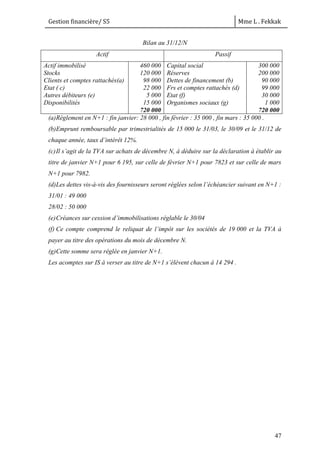 Gestion financière/ S5 Mme L . Fekkak
47
Bilan au 31/12/N
Actif Passif
Actif immobilisé
Stocks
Clients et comptes rattachés(a)
Etat ( c)
Autres débiteurs (e)
Disponibilités
460 000
120 000
98 000
22 000
5 000
15 000
720 000
Capital social
Réserves
Dettes de financement (b)
Frs et comptes rattachés (d)
Etat (f)
Organismes sociaux (g)
300 000
200 000
90 000
99 000
30 000
1 000
720 000
(a)Règlement en N+1 : fin janvier: 28 000 , fin février : 35 000 , fin mars : 35 000 .
(b)Emprunt remboursable par trimestrialités de 15 000 le 31/03, le 30/09 et le 31/12 de
chaque année, taux d’intérêt 12%.
(c)Il s’agit de la TVA sur achats de décembre N, à déduire sur la déclaration à établir au
titre de janvier N+1 pour 6 195, sur celle de février N+1 pour 7823 et sur celle de mars
N+1 pour 7982.
(d)Les dettes vis-à-vis des fournisseurs seront réglées selon l’échéancier suivant en N+1 :
31/01 : 49 000
28/02 : 50 000
(e)Créances sur cession d’immobilisations réglable le 30/04
(f) Ce compte comprend le reliquat de l’impôt sur les sociétés de 19 000 et la TVA à
payer au titre des opérations du mois de décembre N.
(g)Cette somme sera réglée en janvier N+1.
Les acomptes sur IS à verser au titre de N+1 s’élèvent chacun à 14 294 .
 