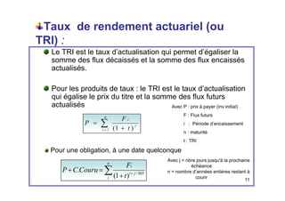 Taux de rendement actuariel (ou
(
TRI) :
Le TRI est le taux d’actualisation qui permet d’égaliser la
q p g
somme des flux décaissés et la somme des flux encaissés
actualisés.
Pour les produits de taux : le TRI est le taux d’actualisation
qui égalise le prix du titre et la somme des flux futurs
g
actualisés
∑
=
n
i
F
P
Avec P : prix à payer (inv initial)
F : Flux futurs
i : Période d’encaissement
∑
= +
=
i
i
t
P
1 )
1
(
i : Période d encaissement
n : maturité
t : TRI
Pour une obligation, à une date quelconque
∑
+
n
i
F
Couru
C
P
Avec j = nbre jours jusqu'à la prochaine
échéance
11
∑ +
+
=
+
i
j
i
t
Couru
C
P 365
/
)
1
(
. n = nombre d’années entières restant à
courir
 