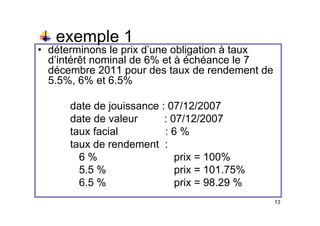 exemple 1
exemple 1
• déterminons le prix d’une obligation à taux
d’intérêt nominal de 6% et à échéance le 7
d intérêt nominal de 6% et à échéance le 7
décembre 2011 pour des taux de rendement de
5.5%, 6% et 6.5%
date de jouissance : 07/12/2007
date de valeur : 07/12/2007
taux facial : 6 %
taux de rendement :
6 % prix = 100%
5.5 % prix = 101.75%
6.5 % prix = 98.29 %
13
 