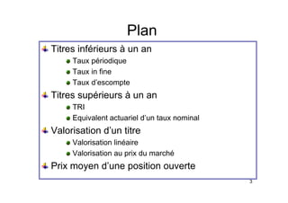 Plan
Plan
Titres inférieurs à un an
Taux périodique
Taux in fine
Taux d’escompte
Titres supérieurs à un an
TRI
Equivalent actuariel d’un taux nominal
Valorisation d’un titre
Valorisation linéaire
Valorisation au prix du marché
Prix moyen d’une position ouverte
3
y p
 