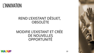 L’INNOVATION
REND L’EXISTANT DÉSUET,
OBSOLÈTE
MODIFIE L’EXISTANT ET CRÉE
DE NOUVELLES
OPPORTUNITÉ
10
 