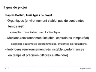 Types de projet
D’après Boehm, Trois types de projet :
– Organiques (environnement stable, pas de contraintes
temps réel)
exemples : compilateur, calcul scientifique
– Médians (environnement instable, contraintes temps réel)
exemples : automates programmables, systèmes de régulations
– Imbriqués (environnement très instable, performances
en temps et précision difficiles à atteindre)
27 Alaya Raddaoui
 