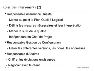  Responsable Assurance Qualité
- Mettre au point le Plan Qualité Logiciel
- Définir les mesures nécessaires et leur interprétation
- Mener le suivi de la qualité
- Indépendant du Chef de Projet
 Responsable Gestion de Configuration
- Gérer les différentes versions, les noms, les anomalies
 Responsable d’Affaires
- Chiffrer les évolutions envisagées
- Négocier avec le client
Rôles des intervenants (2)
30 Alaya Raddaoui
 