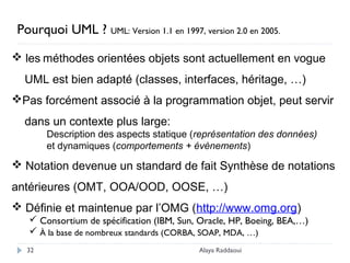 Alaya Raddaoui32
Pourquoi UML ? UML: Version 1.1 en 1997, version 2.0 en 2005.
 les méthodes orientées objets sont actuellement en vogue
UML est bien adapté (classes, interfaces, héritage, …)
Pas forcément associé à la programmation objet, peut servir
dans un contexte plus large:
Description des aspects statique (représentation des données)
et dynamiques (comportements + évènements)
 Notation devenue un standard de fait Synthèse de notations
antérieures (OMT, OOA/OOD, OOSE, …)
 Définie et maintenue par l’OMG (http://www.omg.org)
 Consortium de spécification (IBM, Sun, Oracle, HP, Boeing, BEA,…)
 À la base de nombreux standards (CORBA, SOAP, MDA, …)
 
