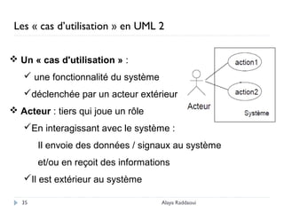 Alaya Raddaoui35
Les « cas d’utilisation » en UML 2
 Un « cas d'utilisation » :
 une fonctionnalité du système
déclenchée par un acteur extérieur
 Acteur : tiers qui joue un rôle
En interagissant avec le système :
Il envoie des données / signaux au système
et/ou en reçoit des informations
Il est extérieur au système
 
