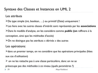 Alaya Raddaoui39
Les attributs
De type simple (int, boolean, …) ou primitif (Date) uniquement !
Les liens avec les autres classes d’intérêt sont représentés par les associations
Dans le modèle d’analyse, on les considère comme public (on raffinera à la
conception, ainsi que les méthodes d’accès)
On ne distingue pas les attributs « dérivés » des autres
Les opérations:
dans un premier temps, on ne considère que les opérations principales (liées
aux cas d’utilisation)
 on ne les rattache pas à une classe particulière, donc on ne se
préoccupe pas des méthodes à ce niveau (quels paramètres ?)
Syntaxe des Classes et Instances en UML 2
 