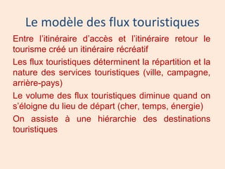 Le modèle des flux touristiques
Entre l’itinéraire d’accès et l’itinéraire retour le
tourisme créé un itinéraire récréatif
Les flux touristiques déterminent la répartition et la
nature des services touristiques (ville, campagne,
arrière-pays)
Le volume des flux touristiques diminue quand on
s’éloigne du lieu de départ (cher, temps, énergie)
On assiste à une hiérarchie des destinations
touristiques
 