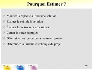  Montrer la capacité à livrer une solution
 Évaluer le coût de la solution
 Évaluer les ressources nécessaires
 Cerner la durée du projet
 Déterminer les ressources à mettre en œuvre
 Déterminer la faisabilité technique du projet
Pourquoi Estimer ?
86
 